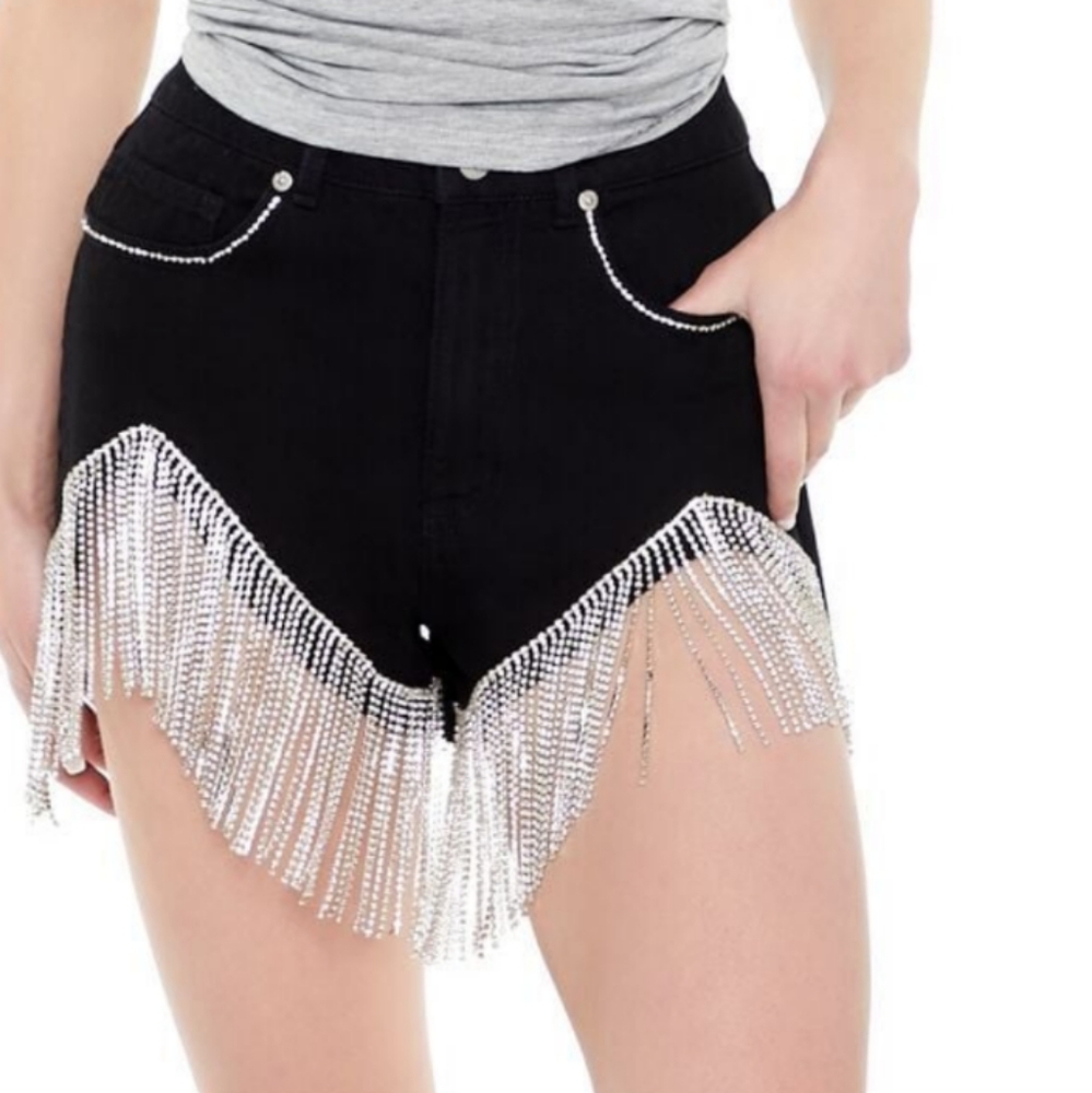 Women's black denim rhinestone drip shorts